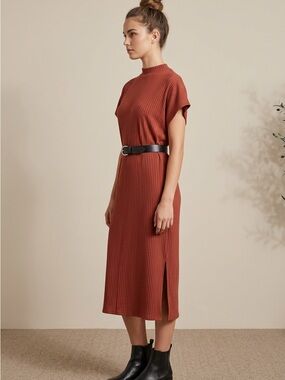Eileen Fisher Ribbed Midi Dress Rust/Terracotta Cap Sleeves Minimalist